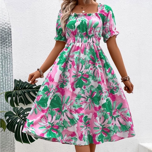 Dresses & Skirts - FLORAL FRILL TRIM SQUARE NECK DRESS